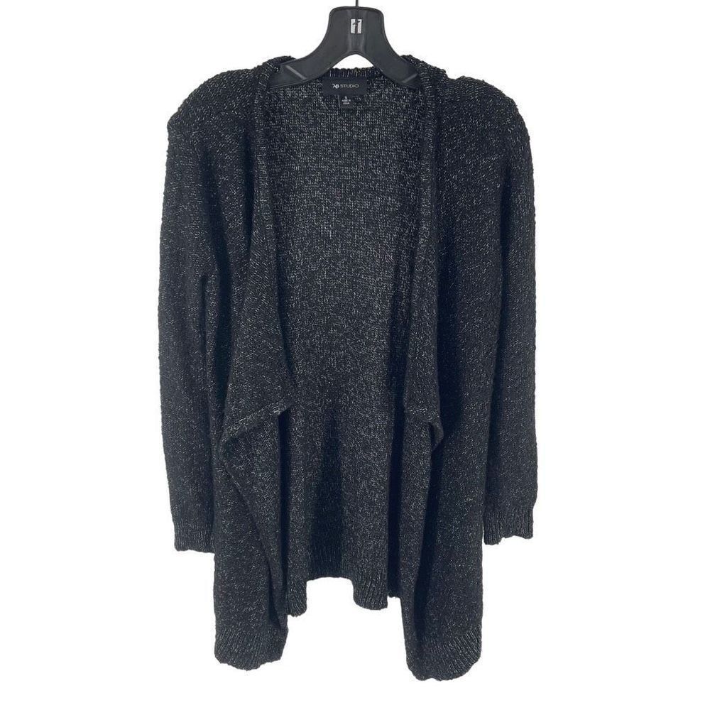 AB Studio Women's Cardigan Sweater Open Front Acrylic Metallic Knit Black Small